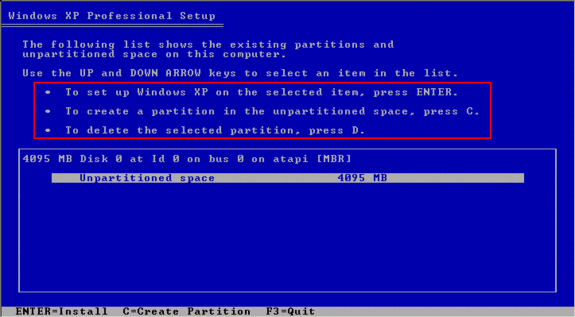 Windows XP Install Partition Select